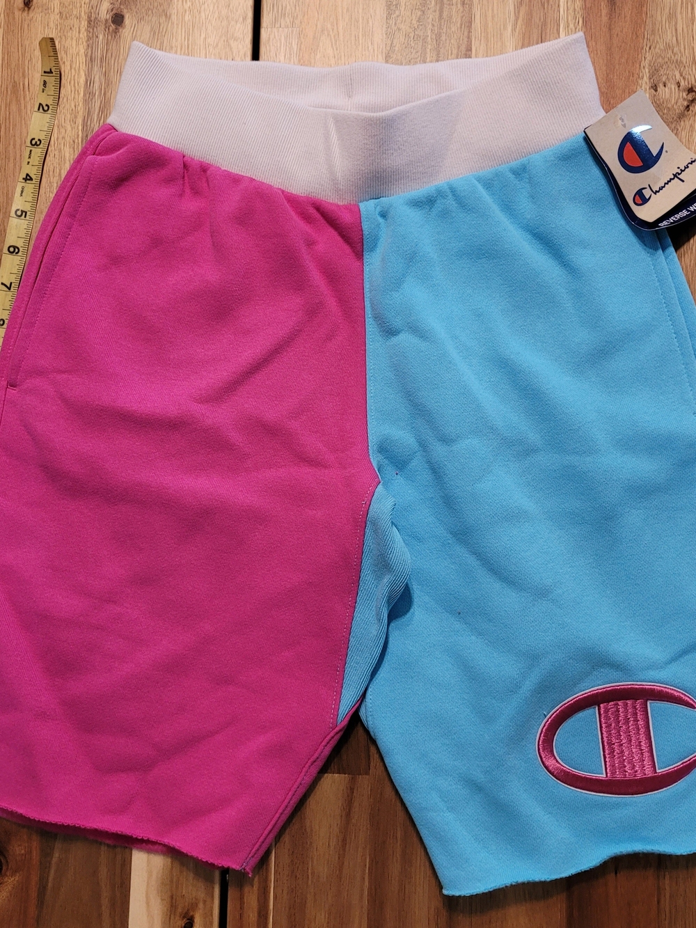 Womens Champion Colorblock Pink & Blue  Athletic Shorts with White Waistband